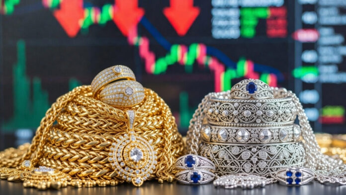 Gold and silver bars with commodity trading screen showing sharp price drop in MCX and COMEX markets.