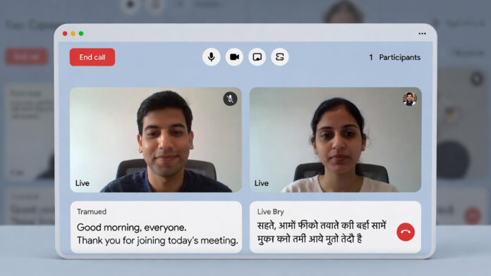 Google Meet interface showing real-time AI translation captions in two Indian languages during a video call
