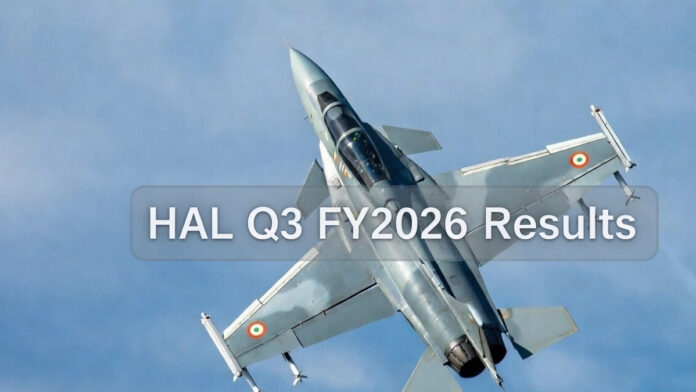HAL Tejas fighter jet in flight during strong Q3 FY2026 earnings announcement