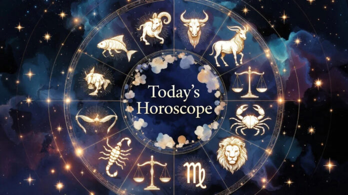 Zodiac wheel illustration with Moon in Aries symbol for Feb 23, 2026 horoscope