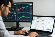 New IPO Launches: What Makes an IPO Worth Applying For Indian investor reviewing IPO documents on laptop with stock market charts and demat account interface visible