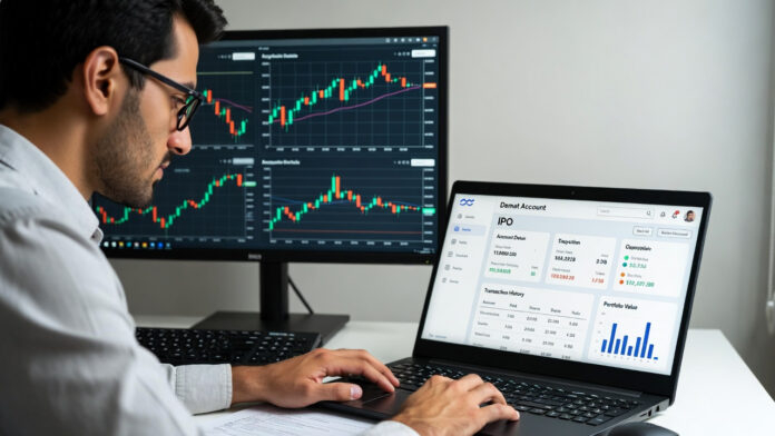 Indian investor reviewing IPO documents on laptop with stock market charts and demat account interface visible