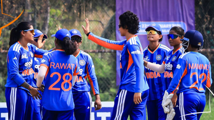 India A women cricket team celebrating victory over Sri Lanka A in Women's Asia Cup Rising Stars 2026 semi-final at Bangkok