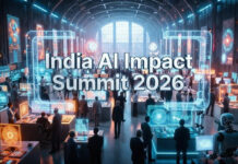 World’s Biggest AI Gathering Opens in Delhi: 300+ Companies, Global Leaders Attend India AI Impact Summit 2026 AI summit exhibition hall at Bharat Mandapam showcasing futuristic technology booths Title: India AI Impact Summit 2026 Expo Hall