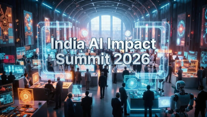 AI summit exhibition hall at Bharat Mandapam showcasing futuristic technology booths Title: India AI Impact Summit 2026 Expo Hall