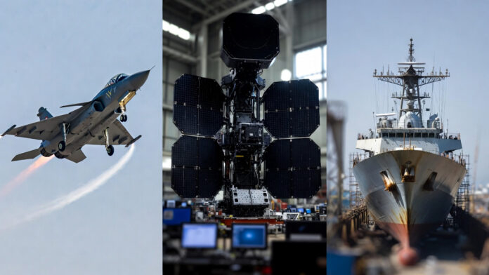 HAL Tejas fighter jet, BEL radar system, and Mazagon Dock warship construction highlighting India’s defense sector growth in 2026.