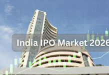 India IPO Market Poised to Break Records in 2026, Companies May Raise Over ₹2.5 Lakh Crore Bombay Stock Exchange building with rising stock market graph symbolizing IPO growth in India