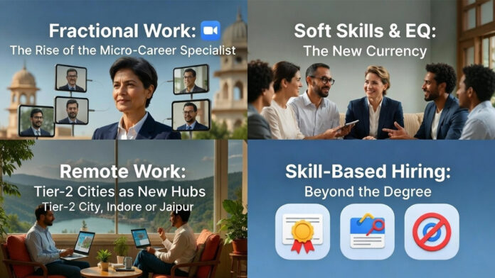 Diverse group of Indian professionals working flexibly in modern settings representing 2026 job market trends