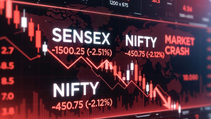 Stock market screen showing falling Indian equity indices