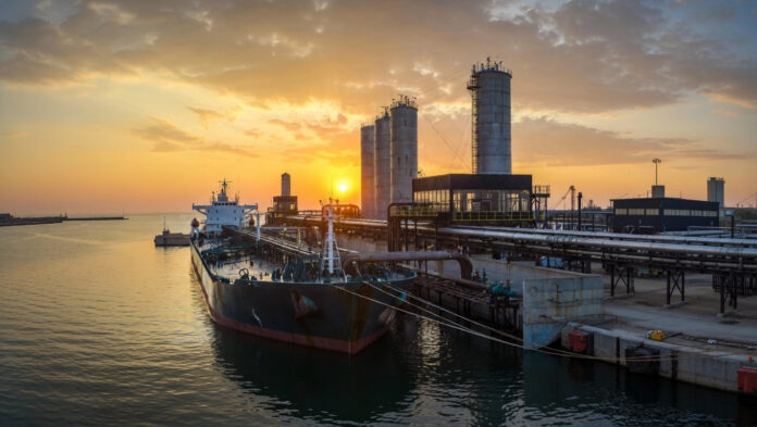 india-saudi-oil-imports-202 Oil tanker loading crude at export terminal representing global oil trade
