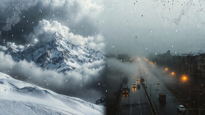 India weather update showing snowfall in Himalayas and dense fog in Delhi