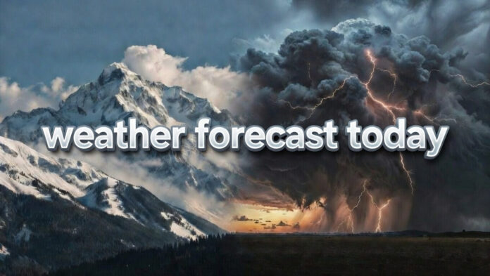 Snowfall in Himalayan mountains with storm clouds over plains showing changing India weather