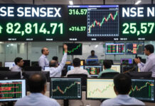 Indian Markets Open Green; Sensex Gains 470+ Points, Nifty Crosses 25,500 Indian stock market board showing Sensex and Nifty gains in early Wednesday trade.