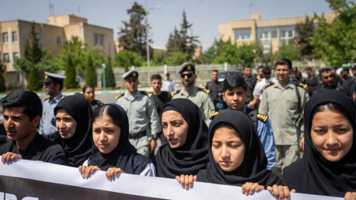 Students protesting at a university campus in Tehran amid heightened security
