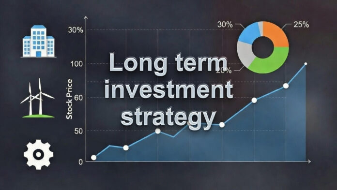 Long-term investment strategy illustration showing blue-chip stocks, green energy sector, and diversified portfolio growth chart.