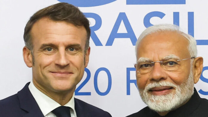 Narendra Modi welcoming Emmanuel Macron during official India visit