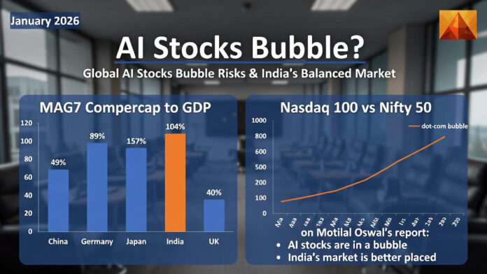 Collage of Magnificent Seven tech company logos including Apple, Microsoft, Nvidia, Amazon, Meta, Alphabet, and Tesla, representing global AI-driven stocks highlighted in Motilal Oswal report
