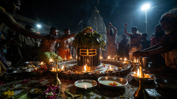 Devotees performing Jalabhishek on Shivling during Mahashivratri night Ceremony