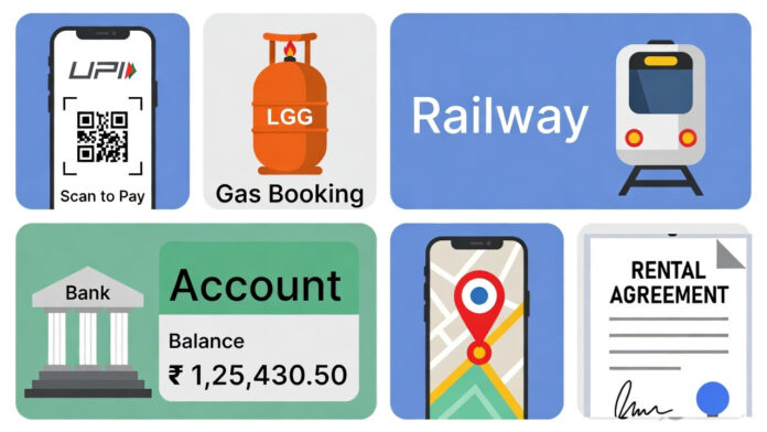 Infographic showing March 1 rule changes including UPI security, LPG price update, railway app shutdown, and banking norms