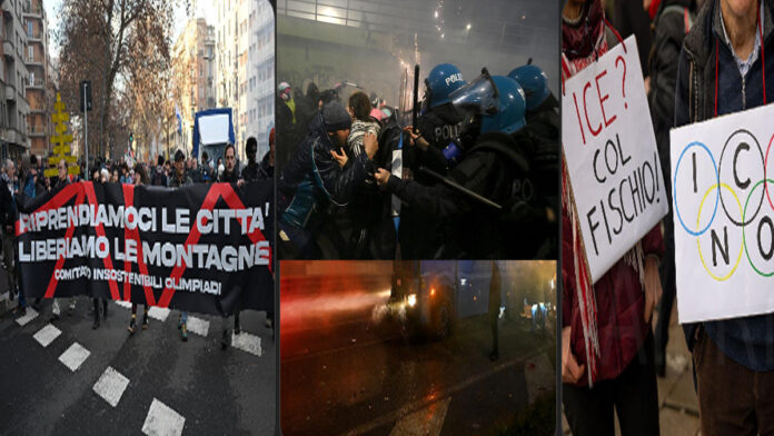 Police use water cannons as protesters clash during Milan demonstrations against the 2026 Winter Olympics