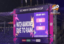 NZ vs PAK Super 8 Clash Abandoned Without a Ball Bowled Due to Rain Rain covers on cricket pitch during Pakistan vs New Zealand T20 World Cup match