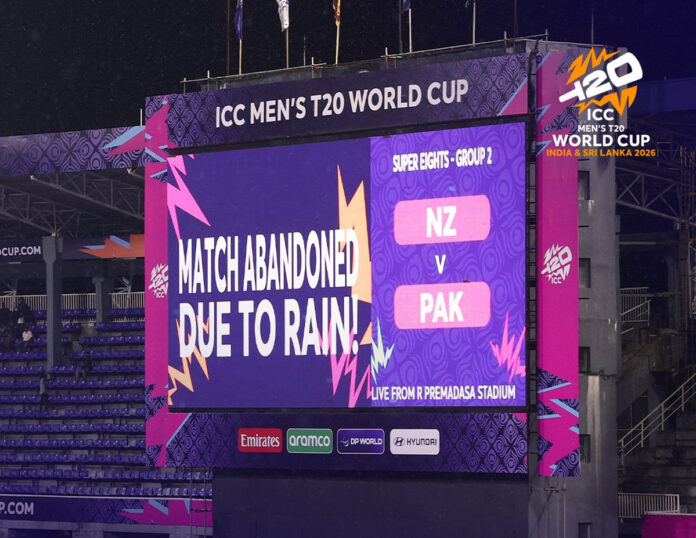 Rain covers on cricket pitch during Pakistan vs New Zealand T20 World Cup match