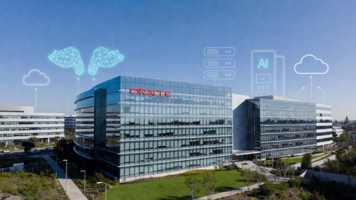 Oracle headquarters building in Redwood Shores with modern cloud and AI infrastructure elements in foreground
