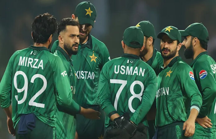 Pakistan cricket team discussing net run rate equation during T20 World Cup Super 8 match