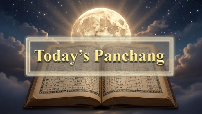 Traditional Hindu Panchang calendar showing dates and astrological timings Title: Daily Panchang Calendar Illustration