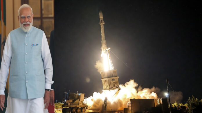 PM Modi and Iron Dome missile defense system launching interceptor rocket during night operation