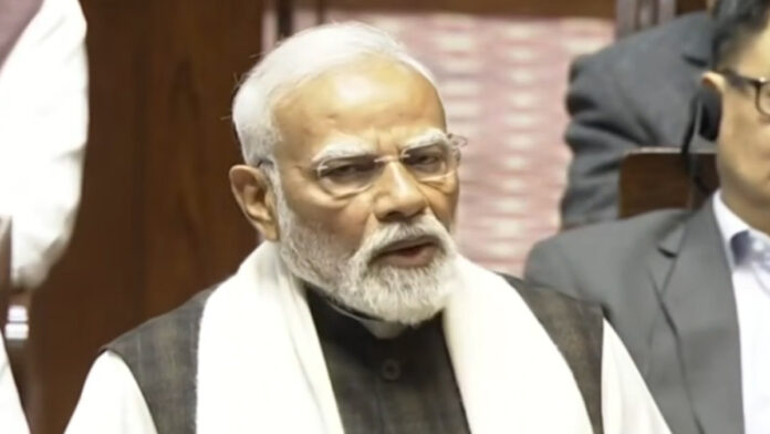 Prime Minister Narendra Modi speaking in the Rajya Sabha during the Budget Session