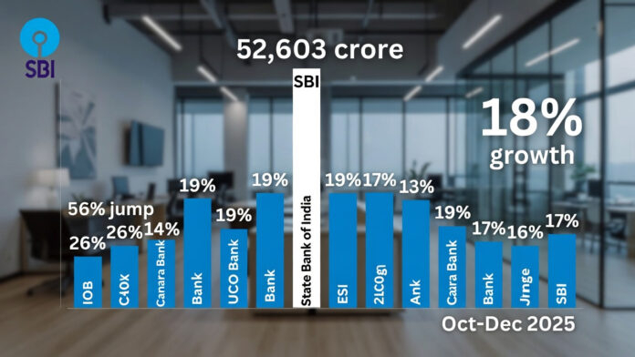 Bar chart illustrating Q3 FY2026 profit performance of India's 12 public sector banks, highlighting 18% overall growth to ₹52,603 crore and SBI's dominant share