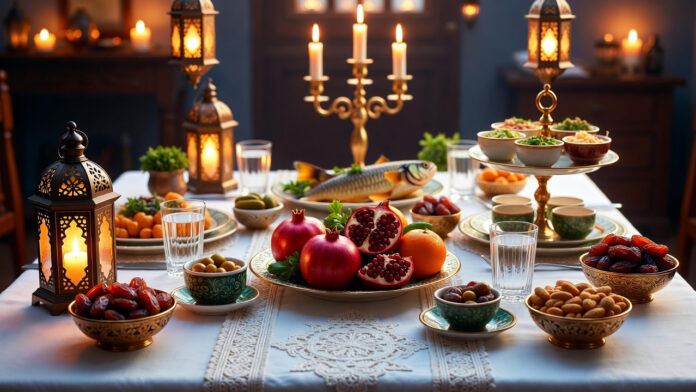 Elegant Ramadan Iftar table with lanterns, dates, and traditional dishes