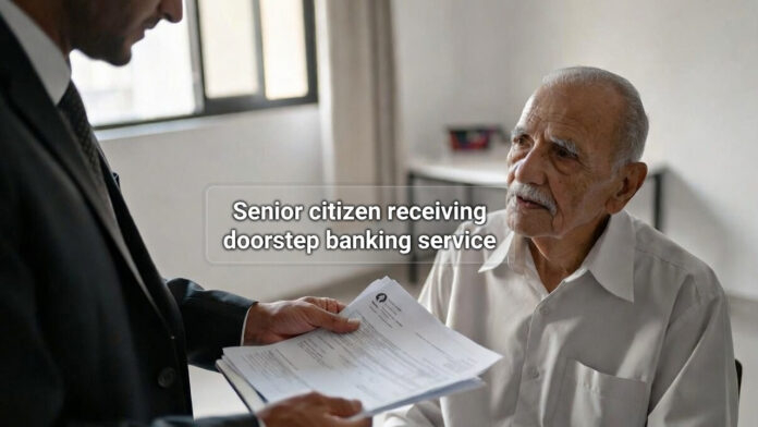 Senior citizen receiving doorstep banking service from bank official at home in India