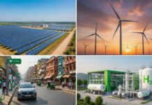 Renewable Energy Stocks 2026: Adani Green, Tata Power, Suzlon Lead India’s 500 GW Clean Energy Push Solar plant, wind turbines, EV charging station, and green hydrogen facility representing India’s renewable energy growth in 2026.