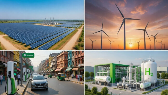 Solar plant, wind turbines, EV charging station, and green hydrogen facility representing India’s renewable energy growth in 2026.