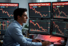 ‘SaaSpocalypse’ Strikes IT Sector: Anthropic’s AI Breakthrough Wipes ₹2 Lakh Crore Off Indian Stocks in One Day Trader monitoring sharp decline in Indian IT stocks on multiple screens amid SaaSpocalypse headlines