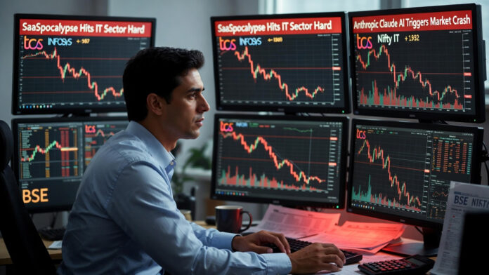 saaspocalypse-2026-it-stock Trader monitoring sharp decline in Indian IT stocks on multiple screens amid SaaSpocalypse headlines