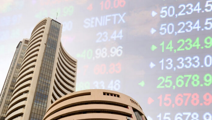 Bombay Stock Exchange building in Mumbai with Sensex and Nifty trading data displayed