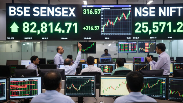 Indian stock market closing green Sensex up 316 points Nifty above 25571 February 20 2026 trading floor