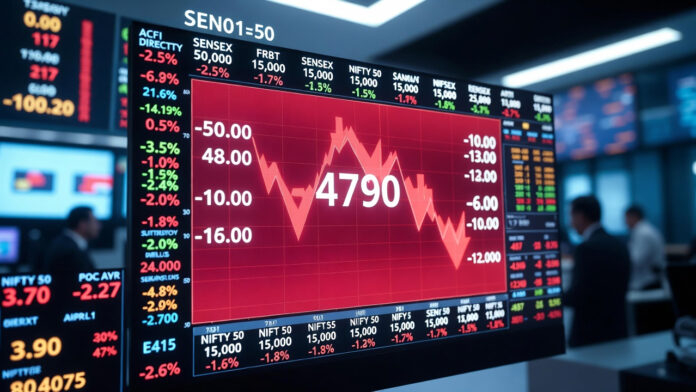 Indian stock market trading screen showing Sensex and Nifty falling sharply at opening bell.