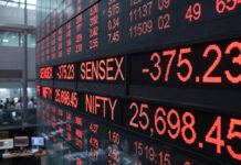 Indian Stock Market Opens in Red: Sensex Drops 375 Points, Nifty Slips Below 25,700 Digital stock market board showing Sensex down 375 points and Nifty below 25,700 at market open in Mumbai