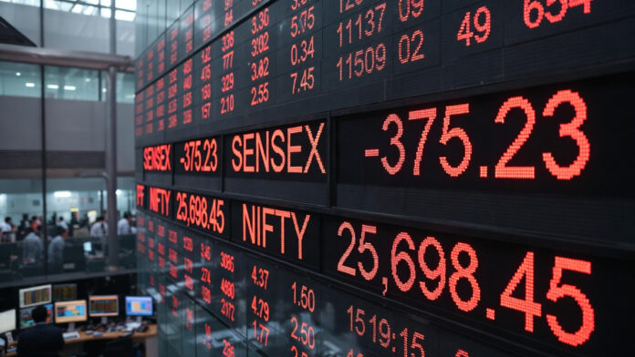 Digital stock market board showing Sensex down 375 points and Nifty below 25,700 at market open in Mumbai