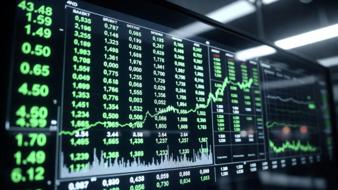 Indian stock market display board showing Sensex and Nifty rising in green