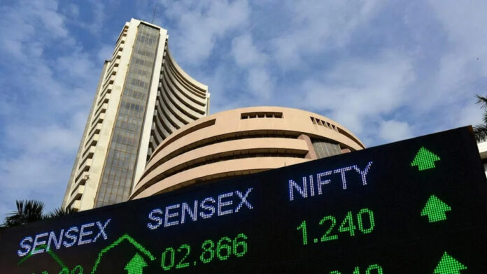 Stock market trading screen showing Sensex and Nifty opening in green