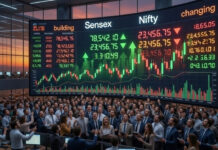 Stock Market Today: Sensex, Nifty Recover After Weak Opening; Rupee Slips Against Dollar Indian stock market display showing Sensex and Nifty values