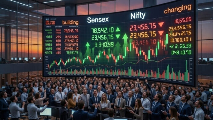 Indian stock market display showing Sensex and Nifty values