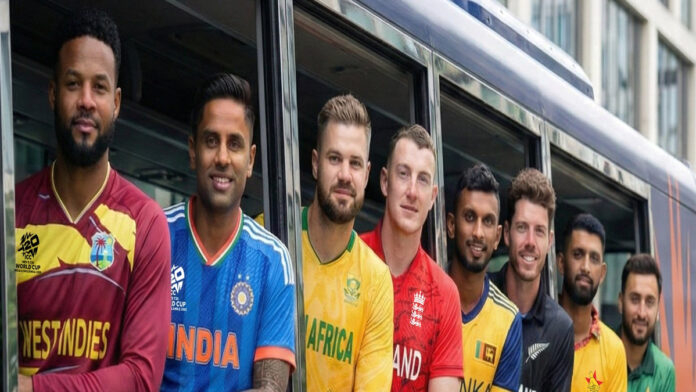 T20 World Cup stadium with Super Eight tournament bracket graphic