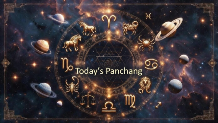 Panchang chart with zodiac symbols and planetary positions