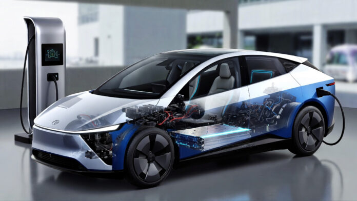 Toyota electric vehicle concept showcasing solid-state battery technology and fast charging